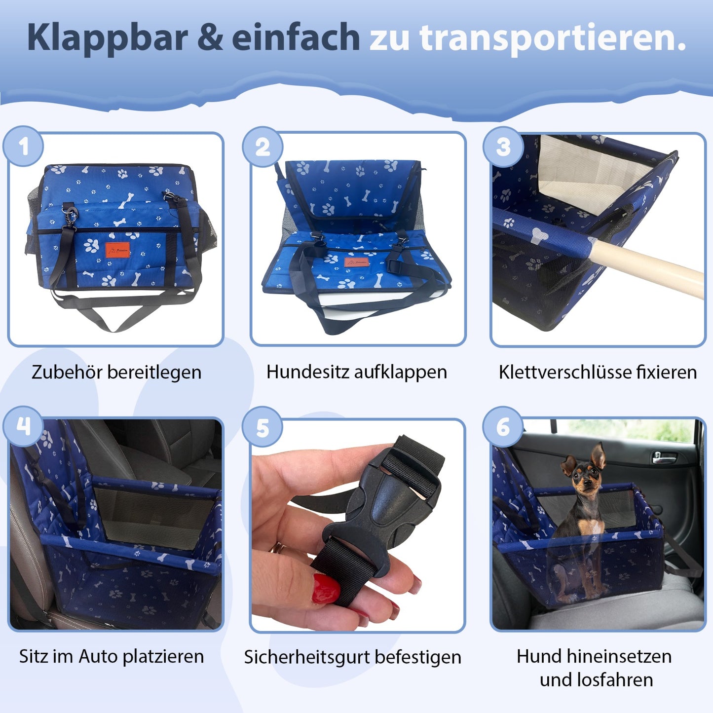 PETSATION Hundeautositz β Wasserdichter & Atmungsaktiver Autositz fΓΌr Hunde β Robuste Oxford-Tragetasche mit Sicherheitsgurt β Waschbare Haustiermatte fΓΌr Auto, SUV & Reisen (Blau, Standard)