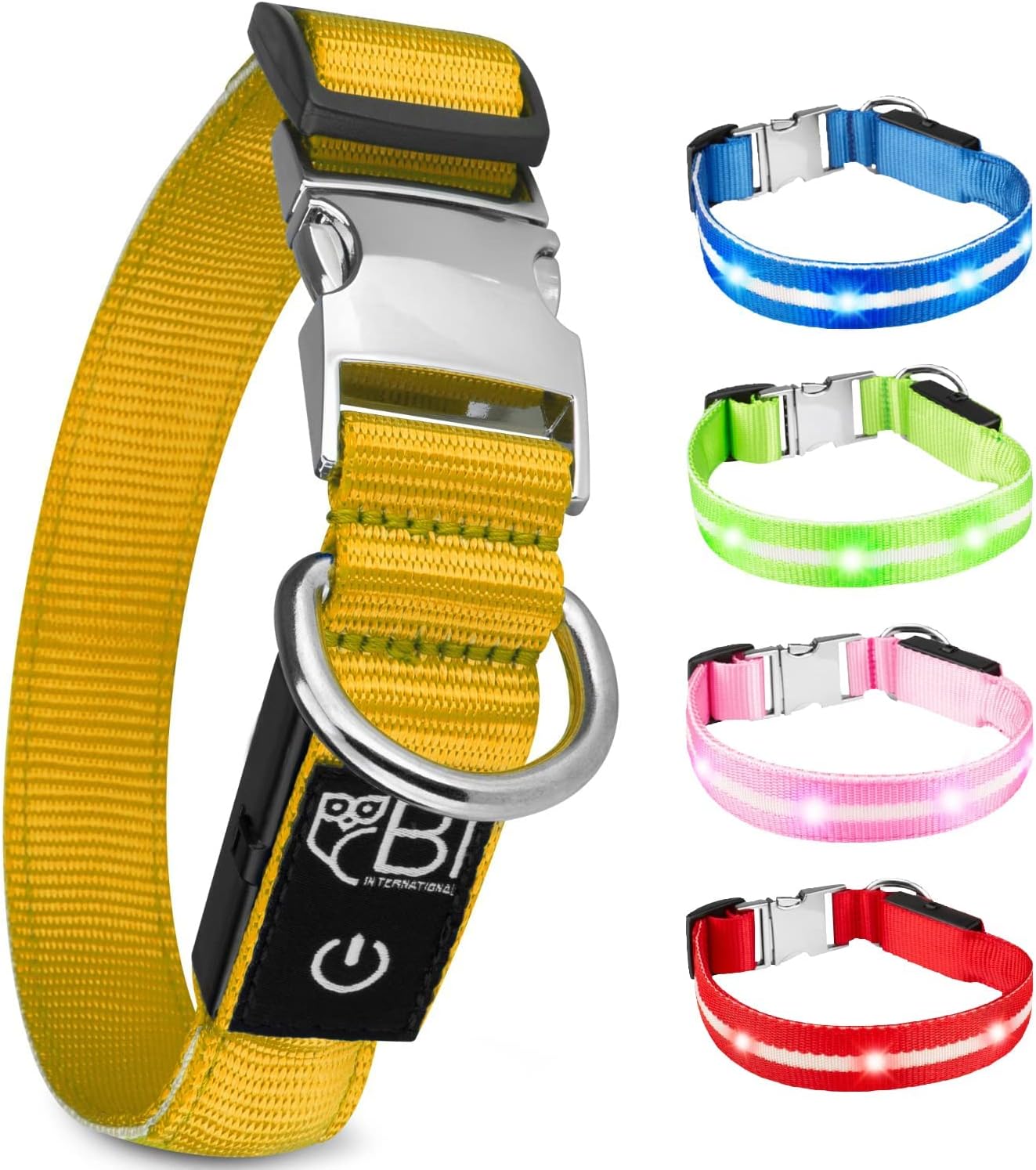 Petsation Light-Up Dog Collar – Reflective Dog Collar with 5 Light Dots for Better Visibility and Safety at Night, Adjustable, Waterproof, Ideal for Walks in the Dark, Dog Accessory Yellow Size S 28-40cm