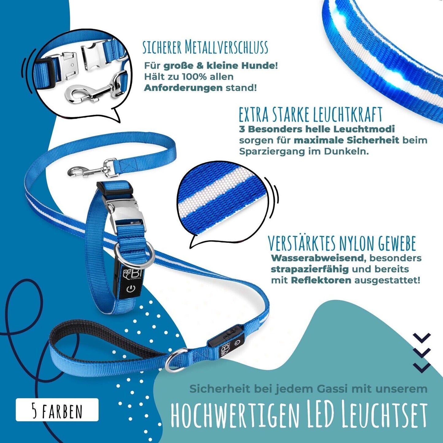 Petsation Light-Up Collar & Dog Leash Set – Safe Nighttime Walking with 5 Light Dots for Better Visibility – Reflection & Safety for Dogs – Durable LED Collar & Leash for Dark Walks Blue Size XS 24-35cm
