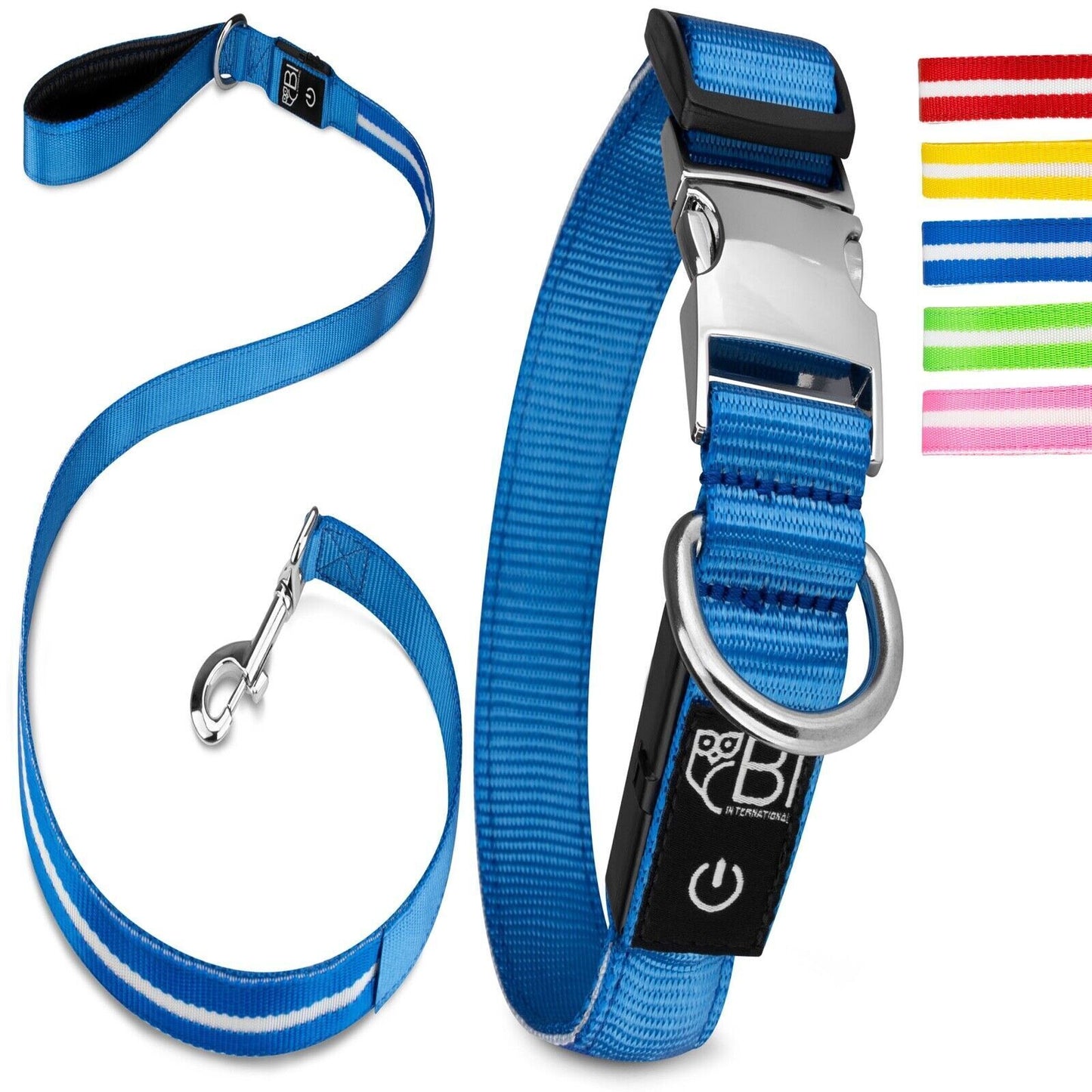 Petsation Light-Up Collar & Dog Leash Set – Safe Nighttime Walking with 5 Light Dots for Better Visibility – Reflection & Safety for Dogs – Durable LED Collar & Leash for Dark Walks Blue Size XS 24-35cm