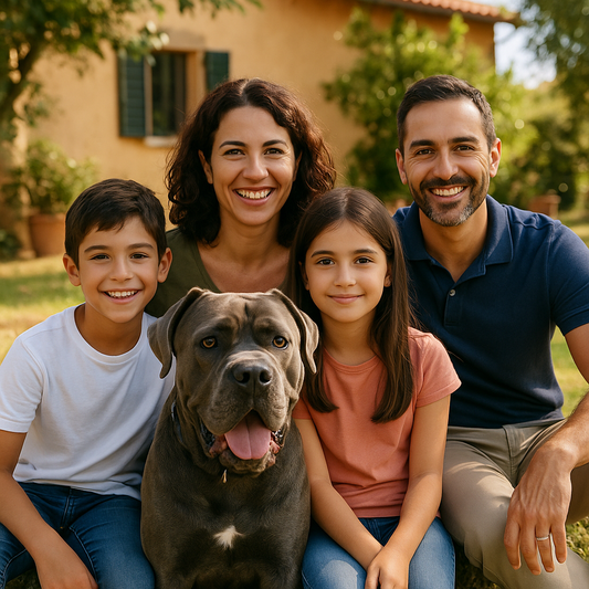 Eine italienische Familie mit zwei Kindern sitzt im sonnigen Garten vor einem rustikalen Haus zusammen mit ihrem Cane Corso. Der kräftige Hund sitzt im Vordergrund, während die Familie lächelt und entspannt in die Kamera blickt.