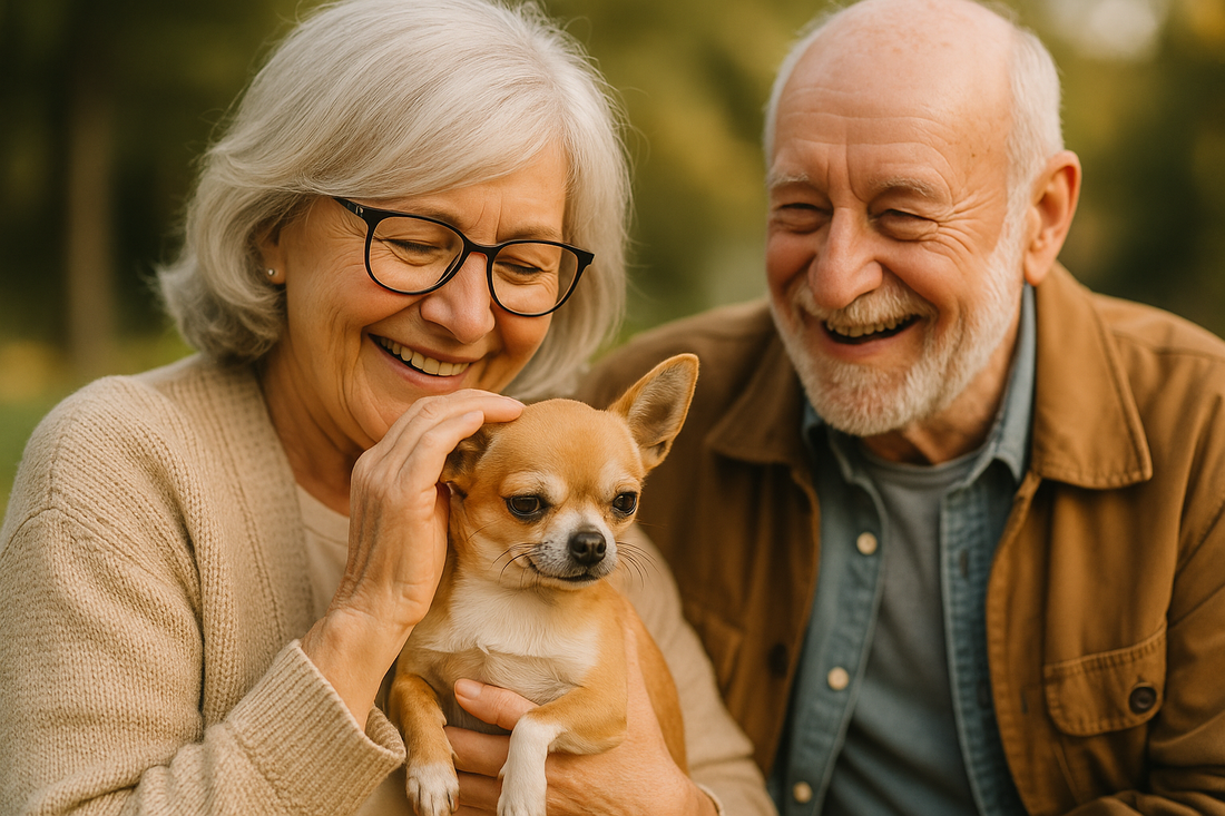Glückliches älteres Ehepaar im Freien: Die Oma hält einen Chihuahua im Arm und streichelt ihn sanft, während der Opa daneben sitzt und lacht.