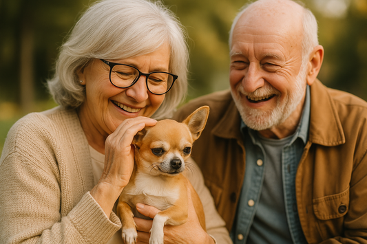 Glückliches älteres Ehepaar im Freien: Die Oma hält einen Chihuahua im Arm und streichelt ihn sanft, während der Opa daneben sitzt und lacht.