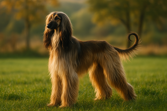 Ein eleganter Afghanischer Windhund steht stolz auf einer grünen Wiese im goldenen Abendlicht. Sein langes, seidiges Fell weht leicht im Wind, während der Hund aufmerksam in die Ferne blickt – majestätisch, edel und anmutig.