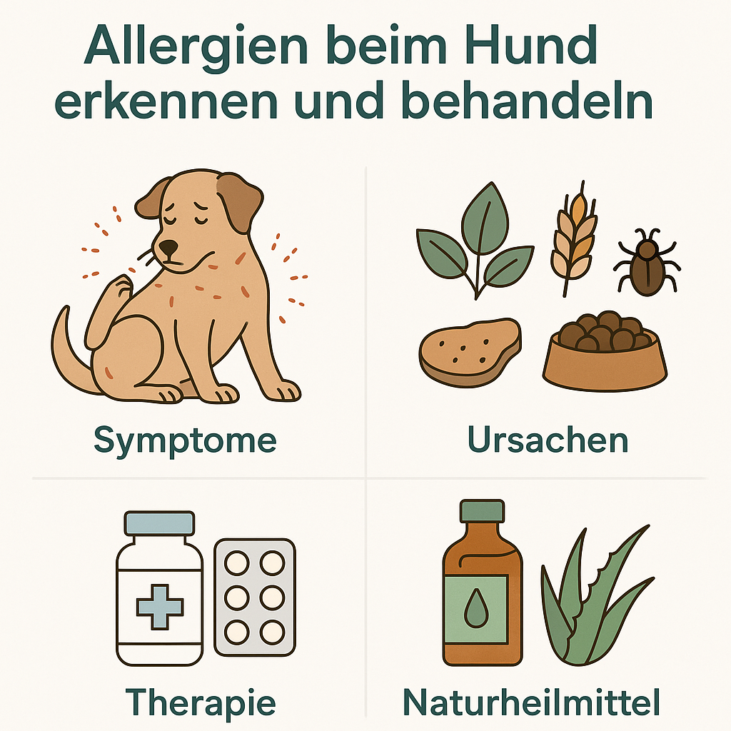 Infografik „Allergien beim Hund erkennen und behandeln“: oben links ein Hund mit Hautausschlag (Symptome), oben rechts Pollen, Getreide, Milbe und Futter (Ursachen), unten links Medikamente (Therapie) und unten rechts Naturheilmittel wie Aloe Vera.