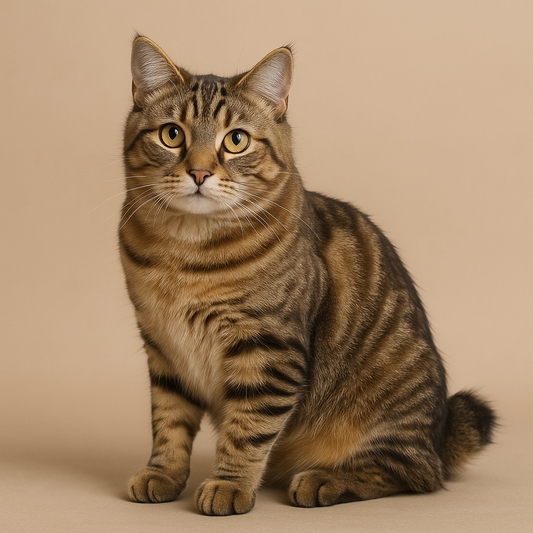 American Bobtail Katze mit kurzem Schwanz und braun-getigertem Fell sitzt vor hellem Hintergrund.