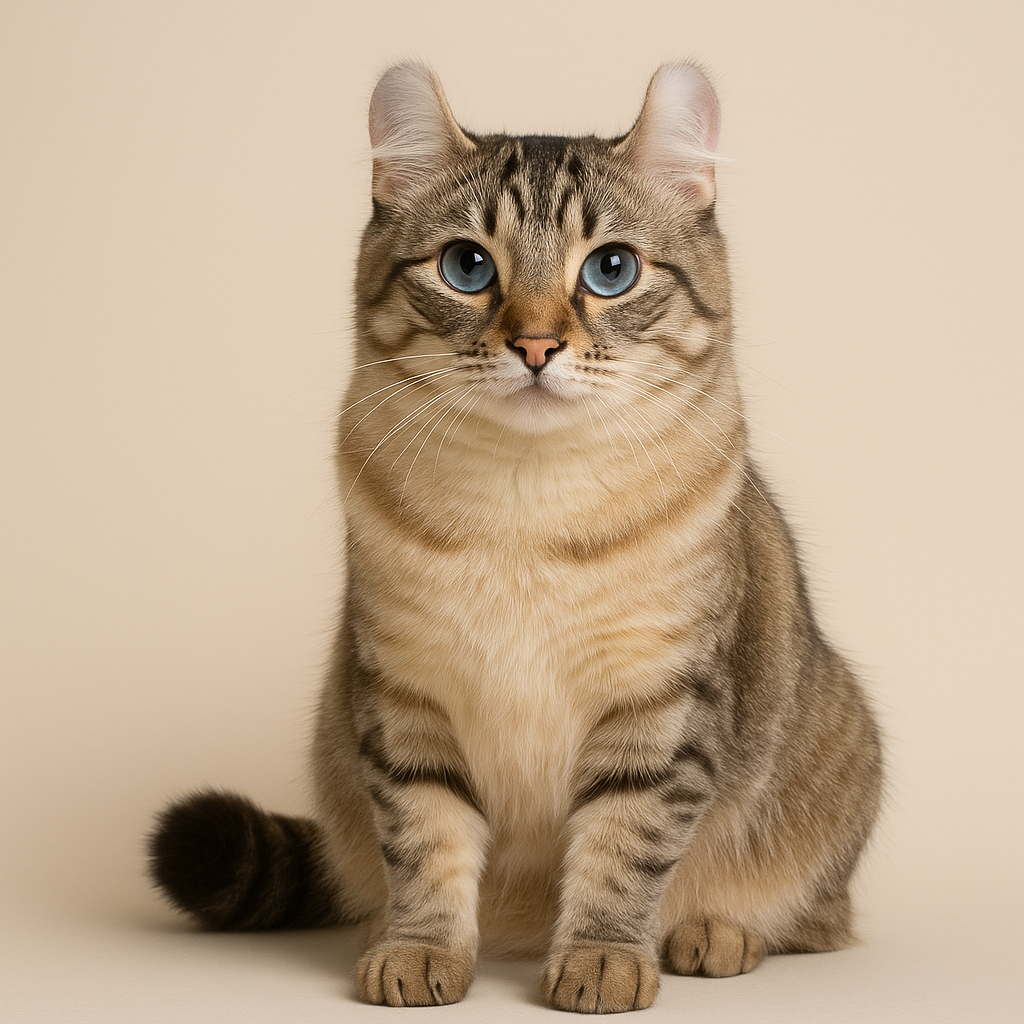 Eine American Curl Katze mit seidigem, braun-getigertem Fell und charakteristisch nach hinten gebogenen Ohren sitzt aufmerksam vor hellem Hintergrund.