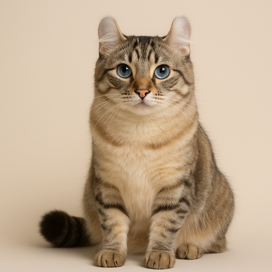 Eine American Curl Katze mit seidigem, braun-getigertem Fell und charakteristisch nach hinten gebogenen Ohren sitzt aufmerksam vor hellem Hintergrund.