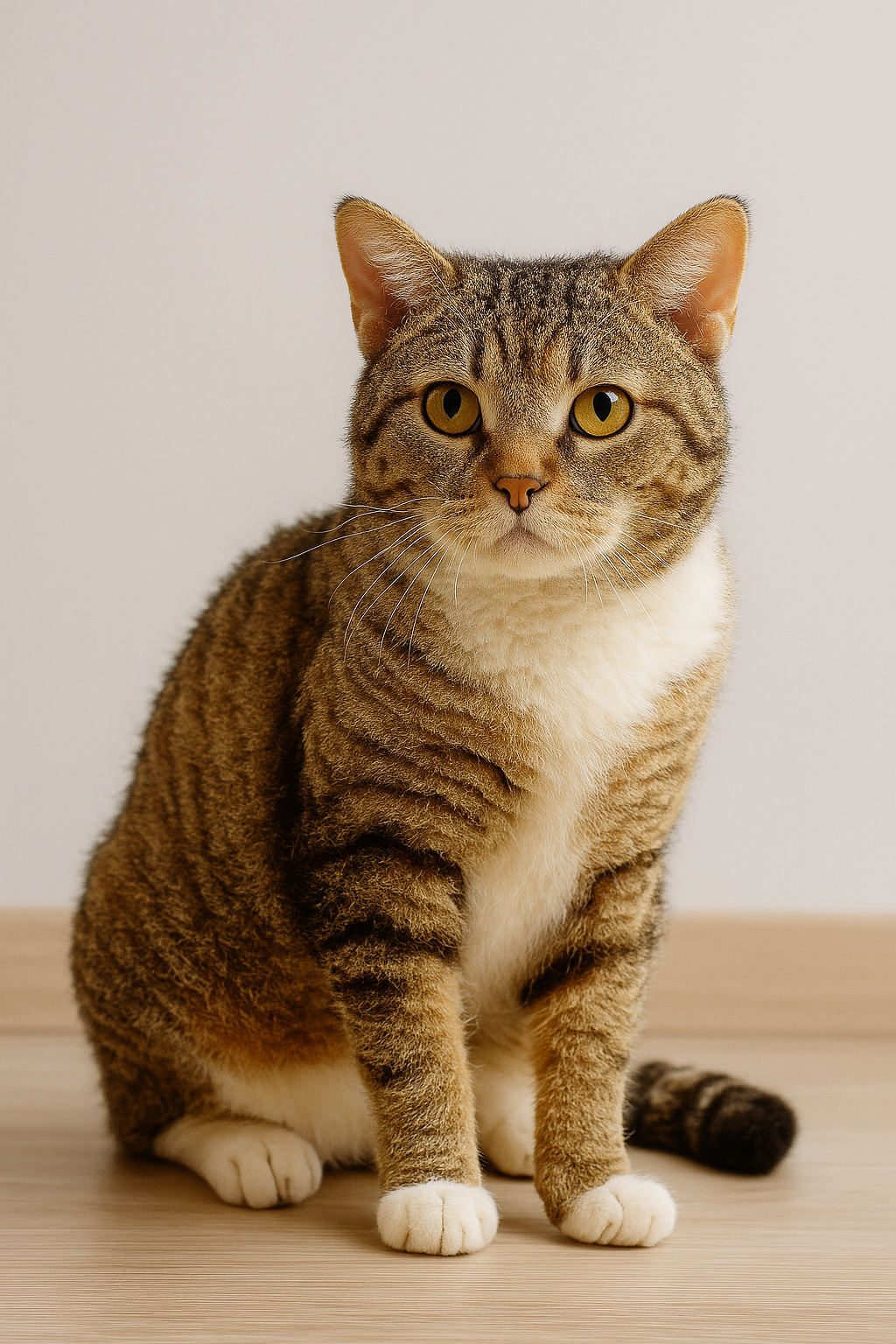American Wirehair Katze mit typischem drahtigem, kurz gewelltem Fell in braun-getigertem Muster sitzt auf einem hellen Holzboden vor einer weißen Wand. Ihre bernsteinfarbenen Augen blicken direkt in die Kamera.