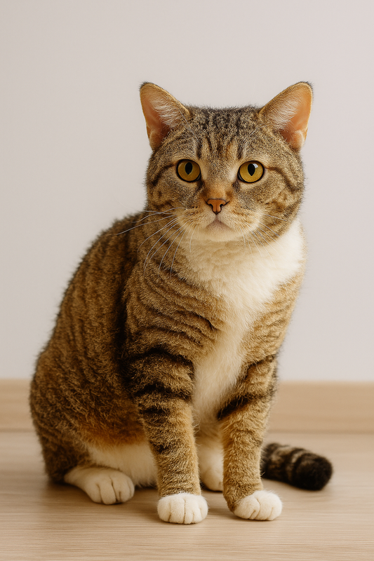 American Wirehair Katze mit typischem drahtigem, kurz gewelltem Fell in braun-getigertem Muster sitzt auf einem hellen Holzboden vor einer weißen Wand. Ihre bernsteinfarbenen Augen blicken direkt in die Kamera.