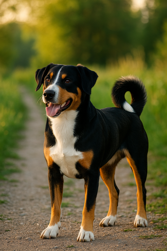 Appenzeller Sennenhund mit dreifarbigem Fell steht auf einem Feldweg im Abendlicht und blickt aufmerksam in die Ferne.