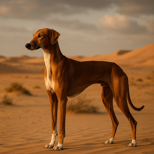 Ein eleganter Azawakh mit rotbraunem, glänzendem Fell steht aufrecht in einer weiten Wüstenlandschaft bei Sonnenuntergang. Im Hintergrund leuchten Sanddünen und ein ruhiger Himmel – die Szene strahlt Anmut und Stärke aus.