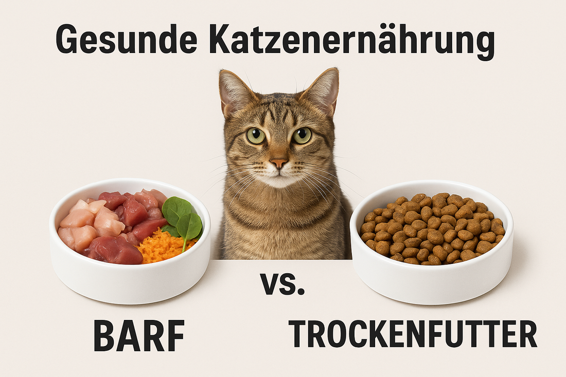 Tabby-Katze sitzt zwischen zwei Futternäpfen – links rohes Fleisch und Gemüse (BARF), rechts Trockenfutter; Text: „Gesunde Katzenernährung – BARF vs. Trockenfutter“