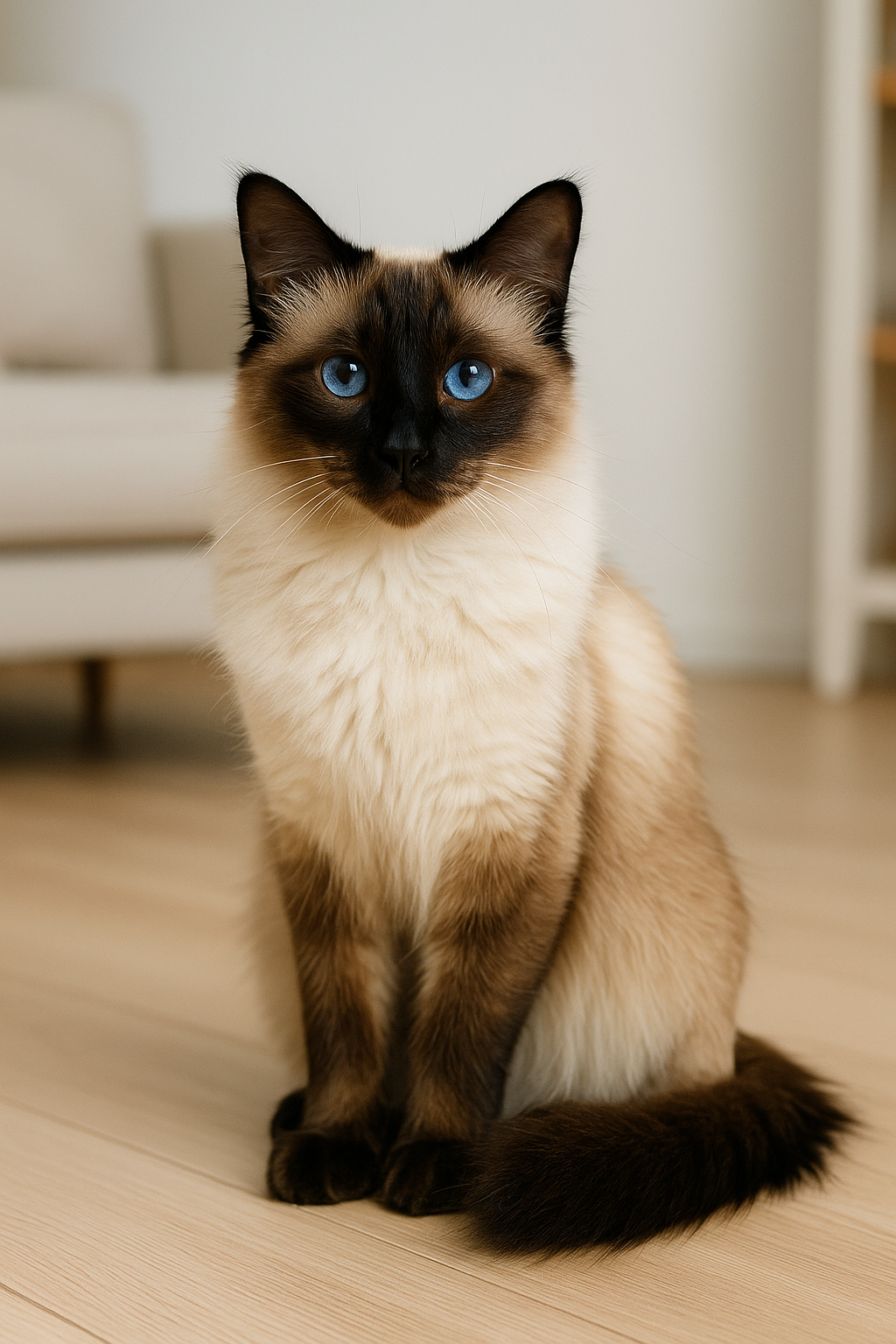 Balinesenkatze mit seidigem, cremefarbenem Fell und dunklen Seal-Point-Abzeichen sitzt auf einem hellen Holzboden in einem modernen Wohnzimmer. Die Katze blickt mit intensiven, tiefblauen Augen direkt in die Kamera.