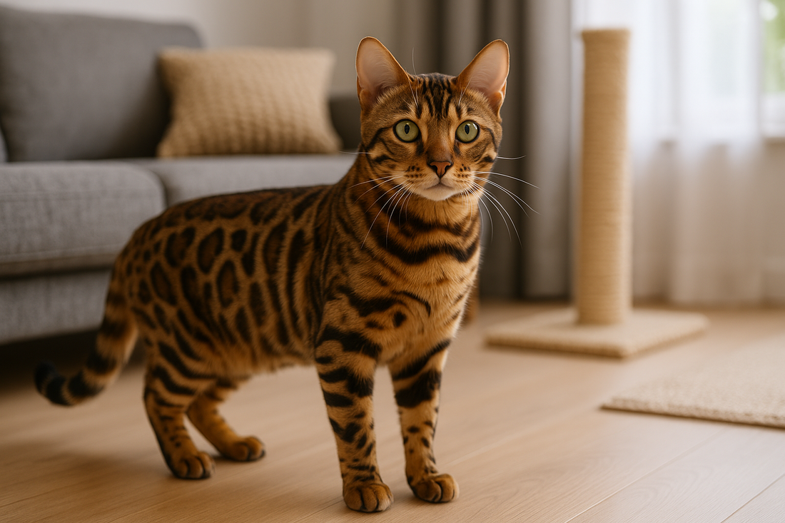 Bengal Katze mit goldbraunem Fell und dunklen Rosetten steht in einem modernen Wohnzimmer vor Sofa und Kratzbaum – typische Umgebung für die Rassekatze.