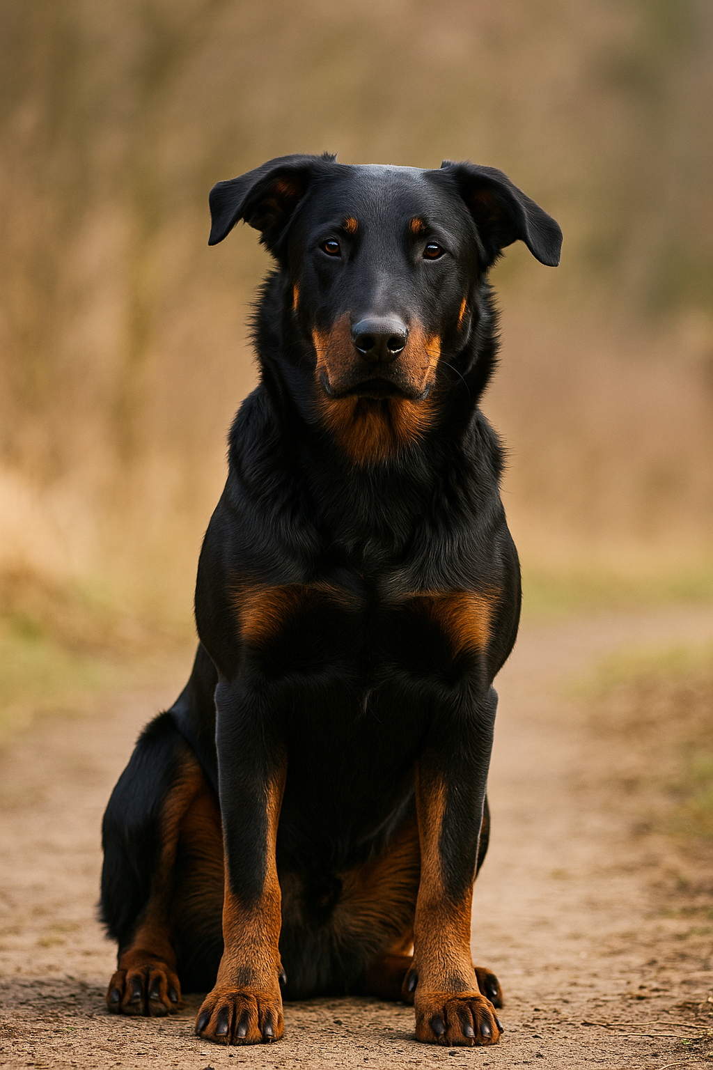 Berger de Beauce mit schwarzem Fell und rostroten Abzeichen sitzt aufmerksam auf einem Waldweg.