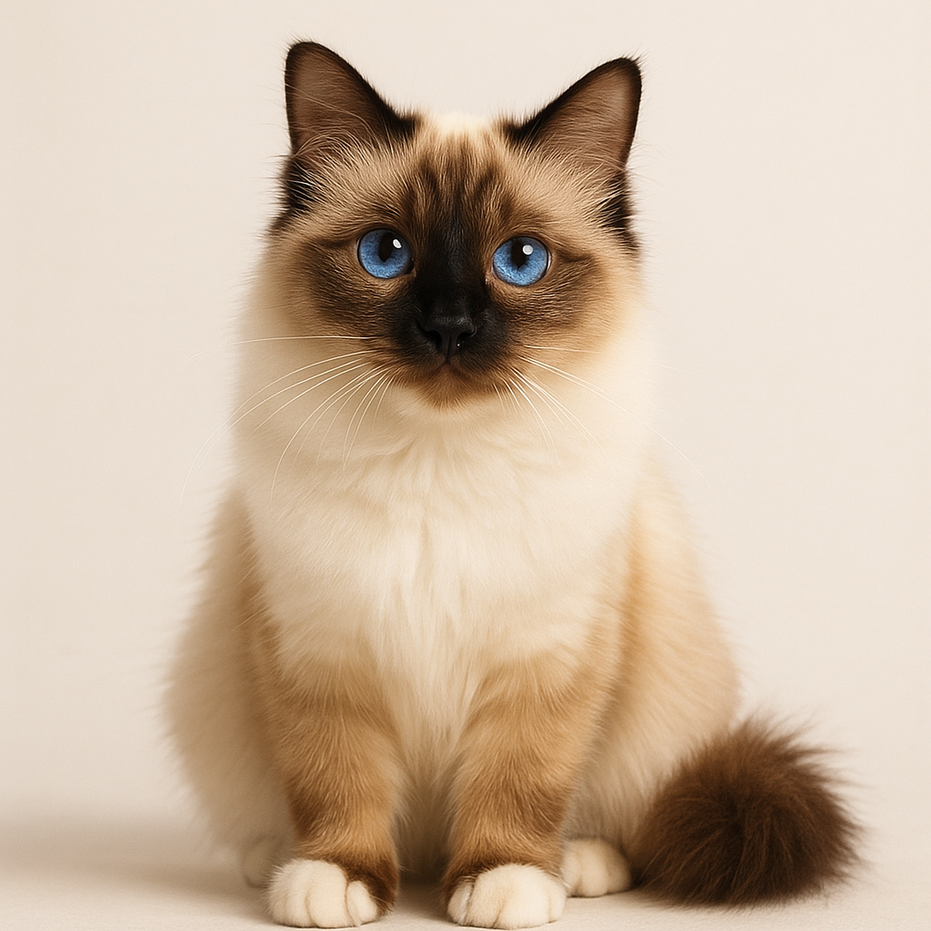 Heilige Birma Katze mit strahlend blauen Augen, cremefarbenem Fell und dunklen Abzeichen sitzt auf hellem Hintergrund.