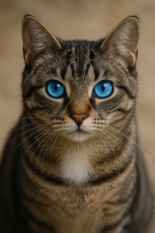 Nahaufnahme einer Ojos Azules Katze mit intensiv strahlend blauen Augen, getigertem Fell und weißem Brustfleck, im fotorealistischen Stil.