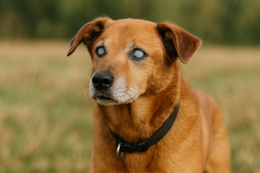 Blinder, älterer Hund mit rötlich-braunem Fell und hellblauen, trüben Augen steht auf einer sonnigen Wiese; unscharfer, goldgrüner Hintergrund
