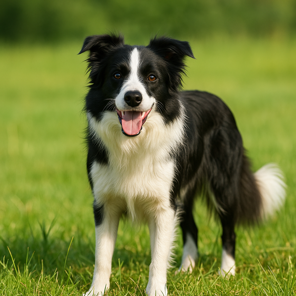 Ein Border Collie mit schwarz-weißem Fell steht auf einer grünen Wiese und blickt aufmerksam in die Kamera. Die Sonne beleuchtet sein glänzendes Fell, und im Hintergrund verschwimmt das Gras leicht unscharf.