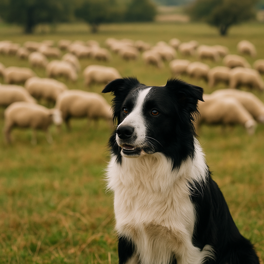 Border Collie sitzt aufmerksam auf einer grünen Weide, im Hintergrund weidet eine große Schafherde. Typisches schwarz-weißes Fell, Blick konzentriert nach vorne.