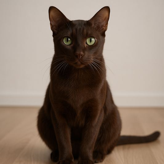 Havana Katze mit glänzendem, schokoladenbraunem Fell und leuchtend grünen Augen sitzt auf einem hellen Holzboden.