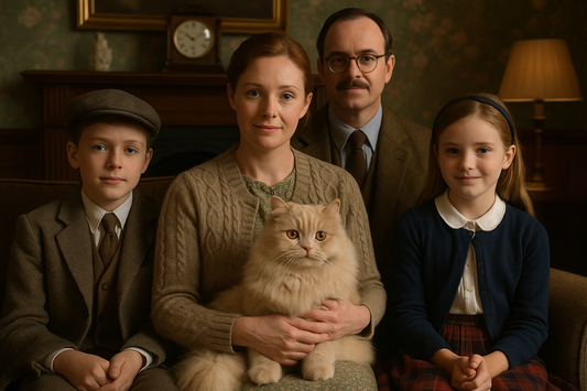 Eine britische Familie in traditioneller Kleidung sitzt in einem gemütlichen Wohnzimmer. Im Mittelpunkt steht eine cremefarbene Britisch Longhair Katze mit großen kupferfarbenen Augen, die auf dem Schoß der Mutter sitzt.