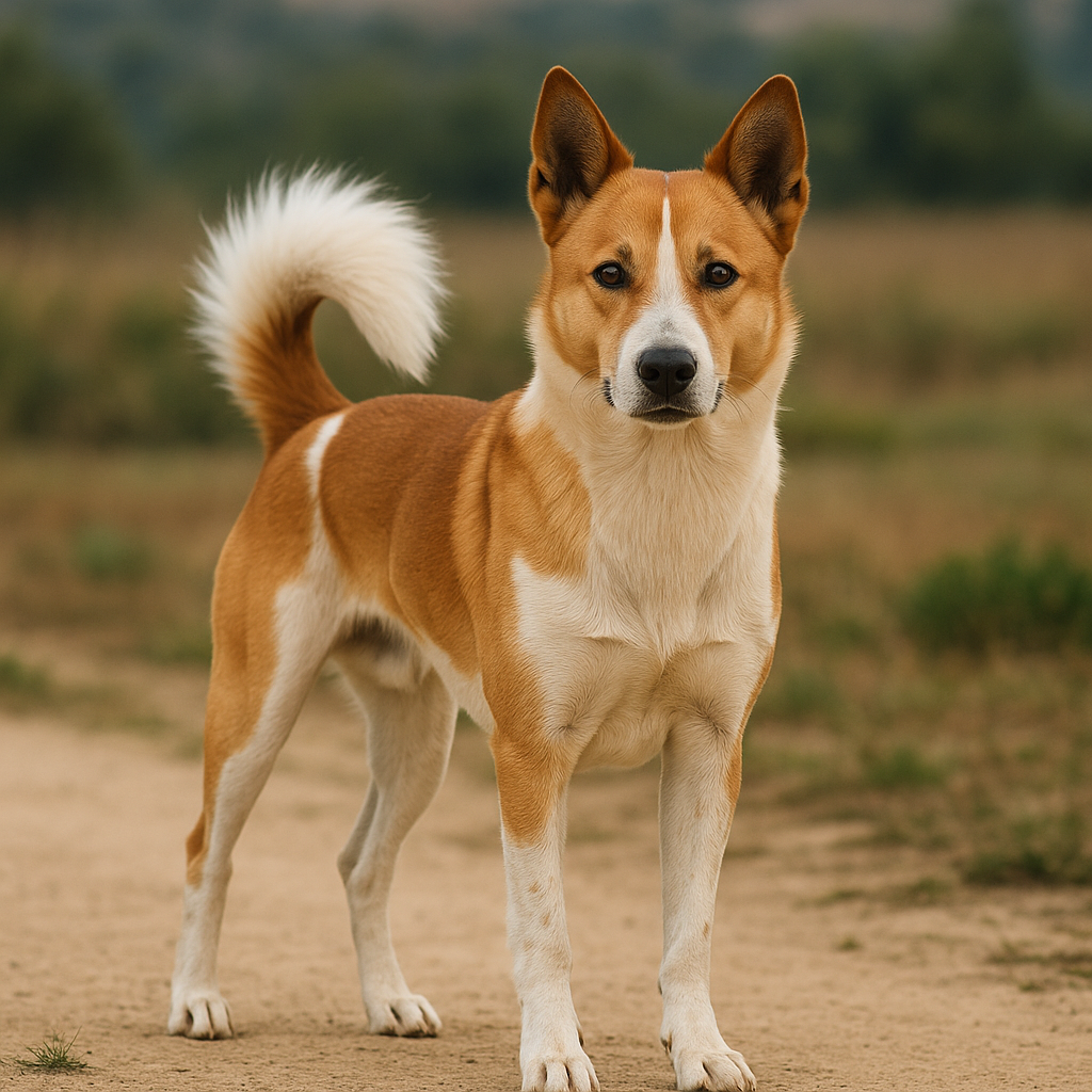 Canaan Dog mit weiß-braunem Fell steht aufmerksam auf einem Naturweg.
