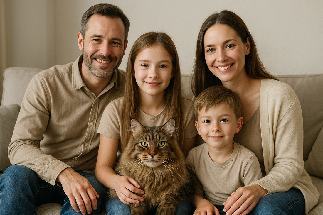 Familie mit Maine Coon Katze im Wohnzimmer: Mutter, Vater, Tochter und Sohn sitzen gemeinsam auf dem Sofa, während die große, langhaarige Maine Coon Katze im Vordergrund sitzt.