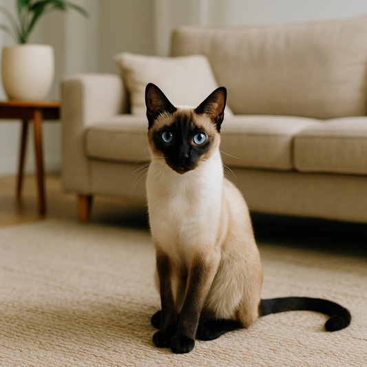 Siamkatze mit blauen Augen sitzt auf einem beigefarbenen Teppich in einem modernen Wohnzimmer mit Sofa und Zimmerpflanze im Hintergrund.