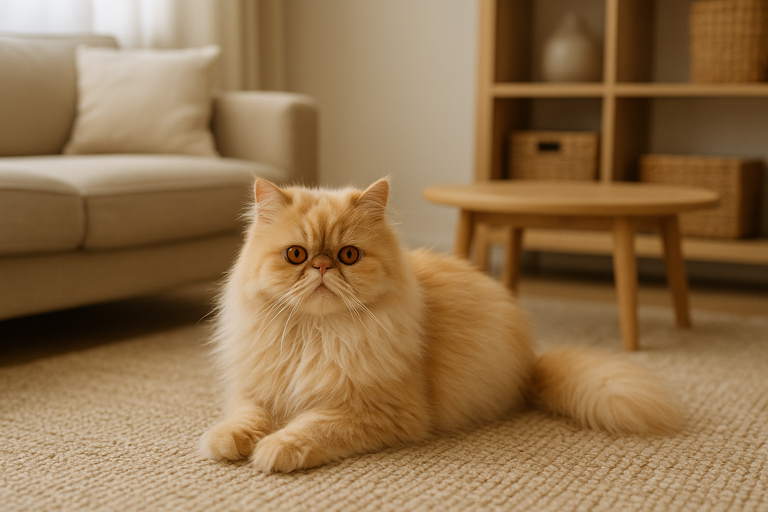 Eine cremefarbene Perserkatze mit langem, flauschigem Fell liegt entspannt auf einem beigefarbenen Teppich in einem modernen Wohnzimmer mit Sofa, Holztisch und Regal im Hintergrund.