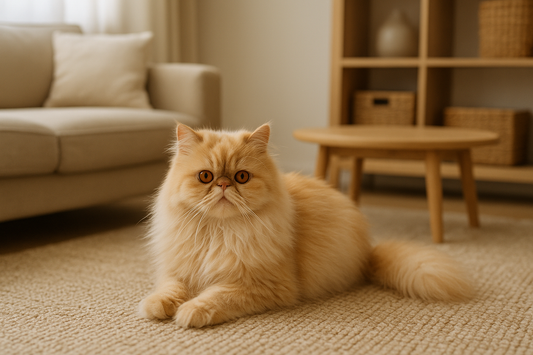 Eine cremefarbene Perserkatze mit langem, flauschigem Fell liegt entspannt auf einem beigefarbenen Teppich in einem modernen Wohnzimmer mit Sofa, Holztisch und Regal im Hintergrund.