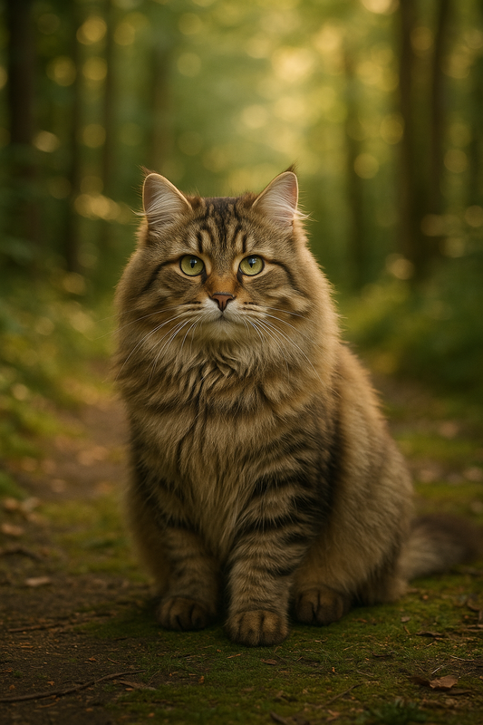 Sibirische Katze mit dichtem, braun-getigertem Fell sitzt auf einem moosbedeckten Waldweg im goldenen Abendlicht und blickt aufmerksam in die Kamera.