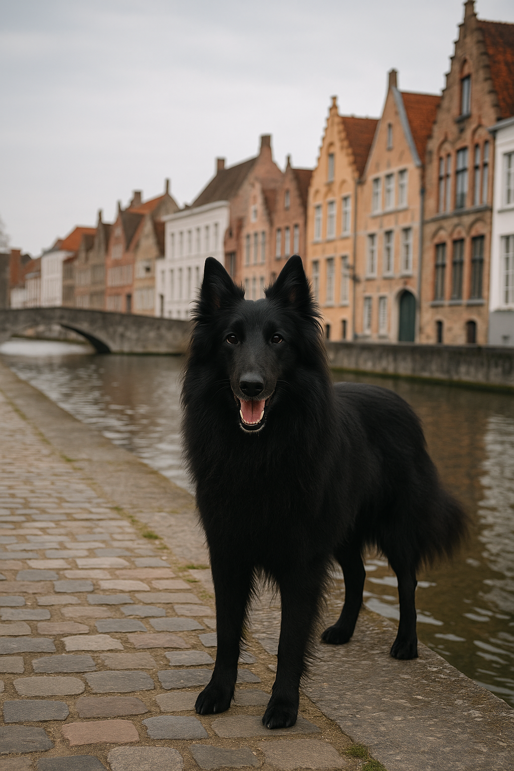 Groenendael, Belgischer Schäferhund, steht auf einem Kopfsteinpflasterweg an einem Kanal in Belgien mit historischen Häusern im Hintergrund.
