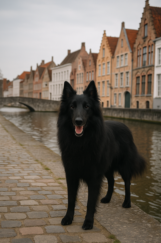 Groenendael, Belgischer Schäferhund, steht auf einem Kopfsteinpflasterweg an einem Kanal in Belgien mit historischen Häusern im Hintergrund.