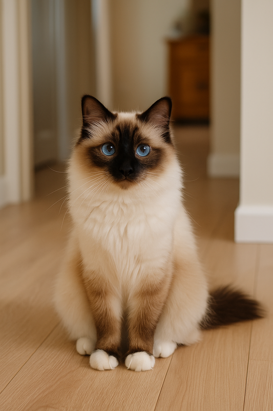 Heilige Birma Katze mit blauen Augen sitzt auf einem hellen Holzboden in einer Wohnung – typische Birmakatze mit weißen Pfoten und Point-Zeichnung.