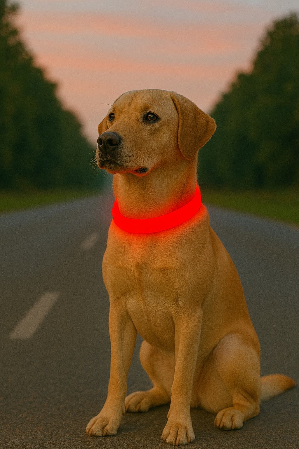 Labrador Retriever mit rotem LED-Leuchthalsband sitzt bei Dämmerung auf einer Landstraße, das Halsband leuchtet hell und sorgt für Sichtbarkeit im Verkehr.