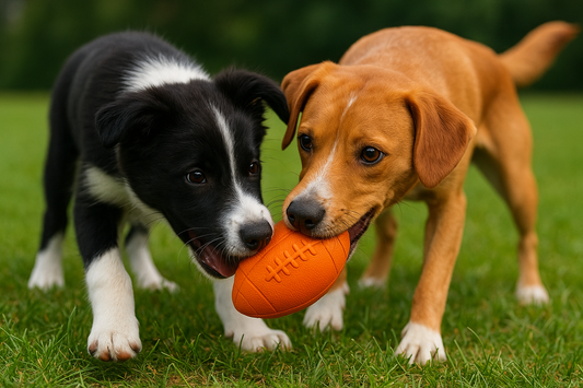 Zwei Hunde spielen gemeinsam auf einer grünen Wiese mit einem orangefarbenen Football aus Naturkautschuk. Ein schwarz-weißer Border Collie-Welpe und ein braun-weißer Mischlingshund ziehen gleichzeitig am Spielzeug.