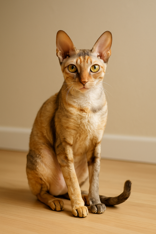 Cornish Rex Katze mit kurzem, gelocktem Fell und großen goldenen Augen auf hellem Holzboden.