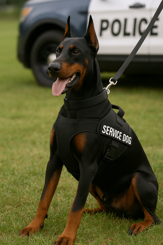 Dobermann im schwarzen Diensthund-Geschirr mit der Aufschrift ‚Service Dog‘ sitzt aufmerksam auf einer Wiese, im Hintergrund steht ein Polizeifahrzeug.
