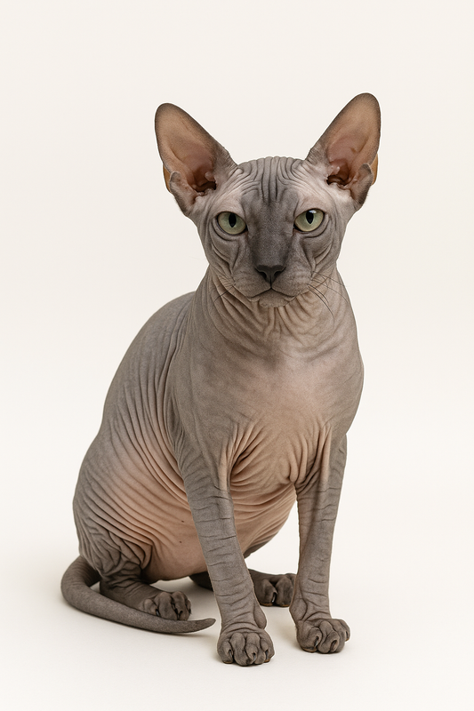 Donskoy Katze mit grauer, faltiger Haut und großen Ohren sitzt aufmerksam vor hellem Hintergrund.
