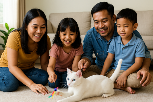 Thailändische Familie mit zwei Kindern spielt fröhlich in einem hellen Wohnzimmer mit einer weißen Khao-Manee-Katze, die mit einem bunten Feder-Spielzeug beschäftigt ist.