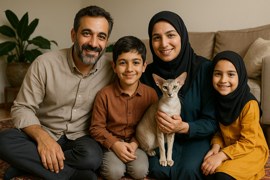 Iranische Familie mit zwei Kindern sitzt auf einem persischen Teppich in einer traditionellen Wohnung. Die Mutter hält eine Orientalisch Kurzhaar Katze im Arm, alle lächeln in die Kamera.