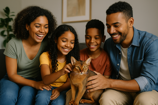 Afro-brasilianische Familie sitzt lachend auf einem Sofa und streichelt gemeinsam eine Abessinierkatze im modernen Wohnzimmer.