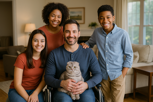 Eine glückliche amerikanische Familie sitzt im Wohnzimmer. Der Vater im Rollstuhl hält eine Scottish Fold Katze auf dem Schoß, während Mutter, Tochter und Sohn lächelnd danebenstehen.