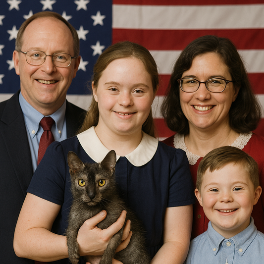 US-amerikanische Familie vor Flagge, junges Mädchen hält eine grauschwarze Lykoi-Katze.