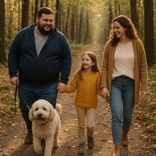 Eine glückliche Familie mit Vater, Mutter, Tochter und einem Labradoodle spaziert im herbstlichen Wald. Der Vater ist übergewichtig, alle lachen und genießen den Spaziergang.