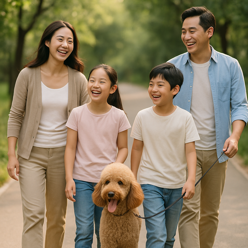 Chinesische Familie mit zwei Kindern spaziert lachend durch einen Park, begleitet von einem apricotfarbenen Pudel an der Leine.