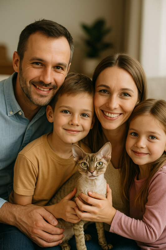 Lächelnde Familie mit Mutter, Vater, Tochter und Sohn sitzt auf einem hellgrauen Sofa und hält eine Devon-Rex-Katze mit großen Ohren und kurzem, lockigem Fell im Arm – warmes, natürliches Licht.