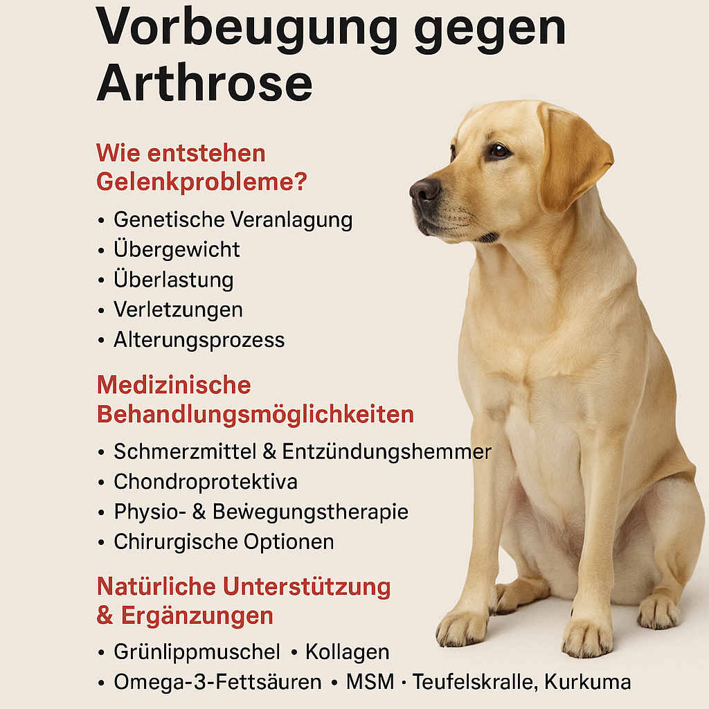 Infografik mit Labrador und Tipps zur Vorbeugung von Arthrose beim Hund: Ursachen, Behandlungen und natürliche Ergänzungen.